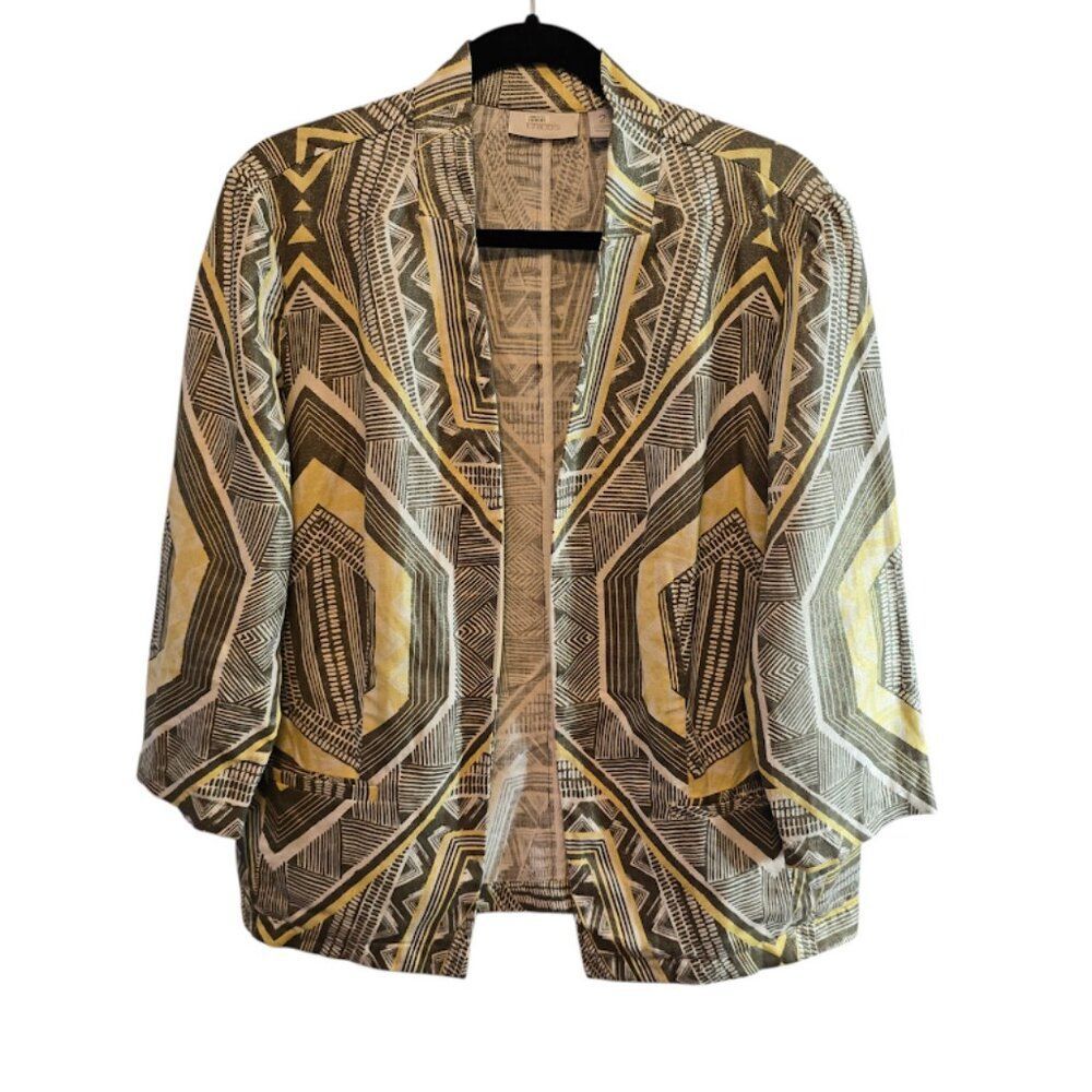 CHICOS LINEN BLEND BLAZER OPEN FRONT SIZE 2 LARGE (12) YELLOW GREY SHIMMER